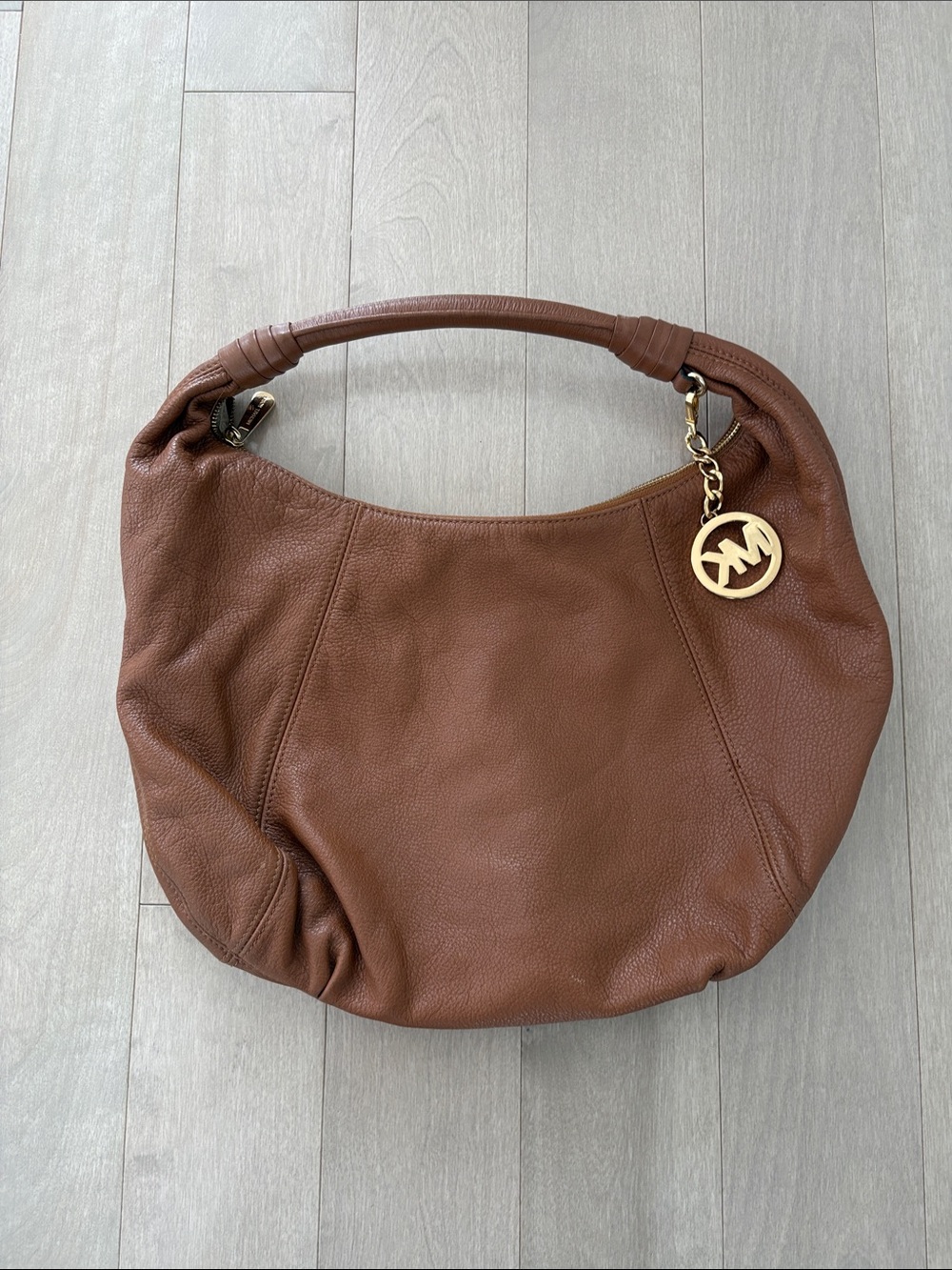 Michael Kors Cognac Leather Hobo with Gold MK Charm
